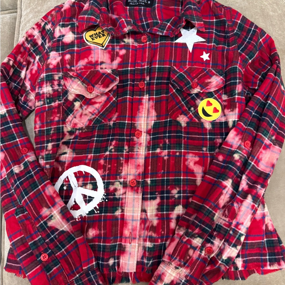 Kids Red Plaid Button Down Shirt with Patches